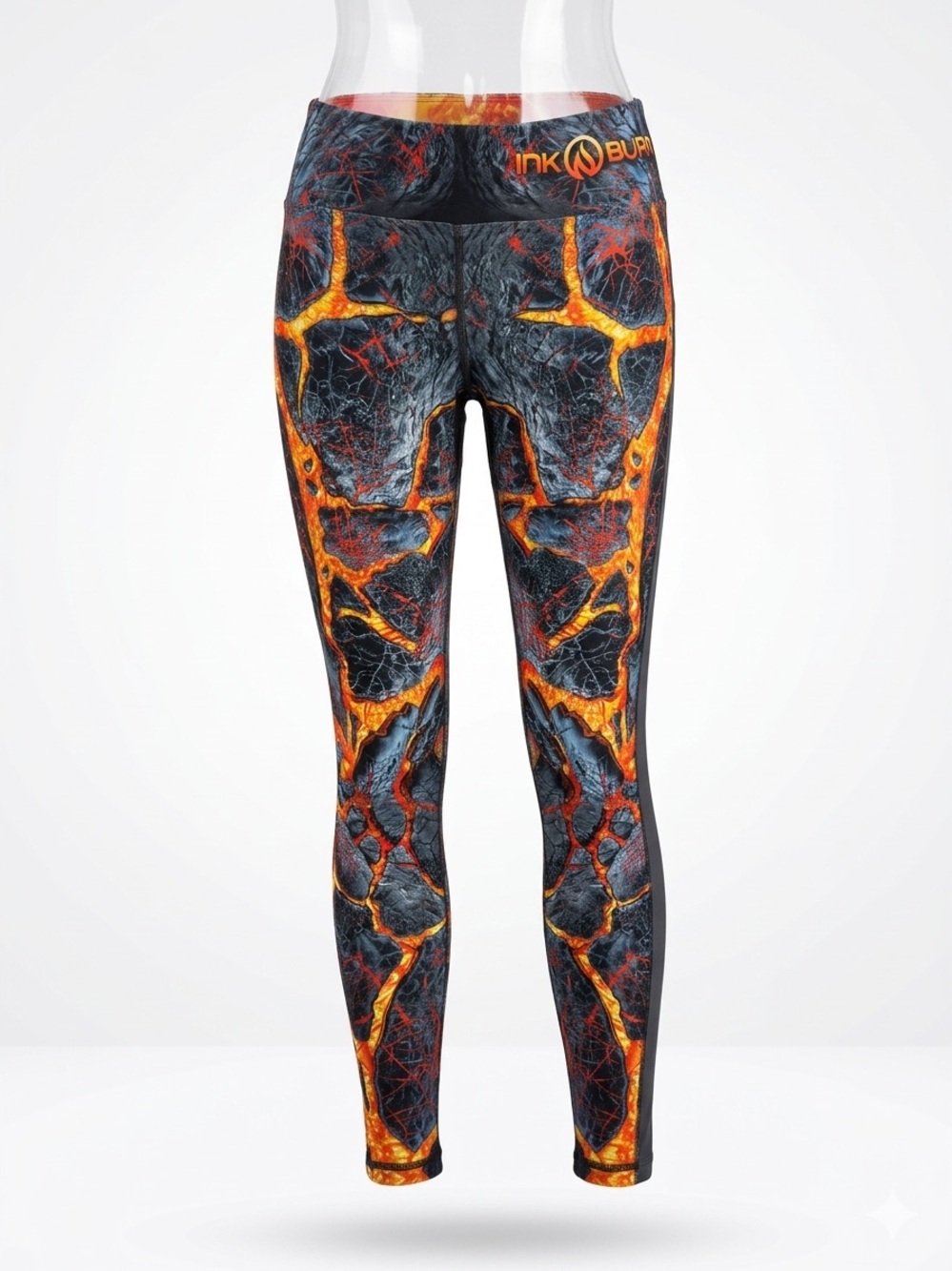 INKnBURN Women’s Black and Orange Lava Print Leggings - alli tights - size 6